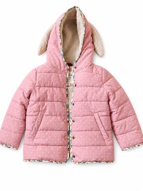 Mini Boden Bunny Ear Pink Polka Dot Puffer Coat Jacket with Hood sz 4-5T Sherpa